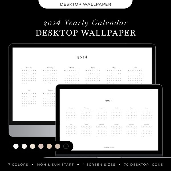 2024 Yearly Calendar Desktop Wallpaper, MacBook Wallpaper Desktop Background, Minimalist Mac & PC Wallpaper, Desktop Organizer with Icons