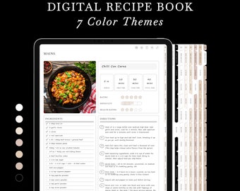 Livre de recettes numérique avec 7 onglets de couleurs neutres, livre de recettes numérique avec lien hypertexte pour GoodNotes & Notability, modèle de recette pour agenda iPad