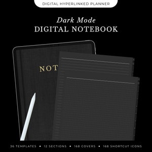 Dark Mode Digital Notebook, Hyperlinked Notebook with 12 Tabs, Digital Note Taking Templates for GoodNotes Notability, iPad Notebook