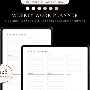 Peut inclure: Deux modèles de planificateur hebdomadaire numérique affichés sur l'écran d'une tablette. Le planificateur comporte des sections pour le lundi au vendredi, une section notes et un espace pour la date. Le texte "WEEKLY PLANNER" est en haut de chaque planificateur.