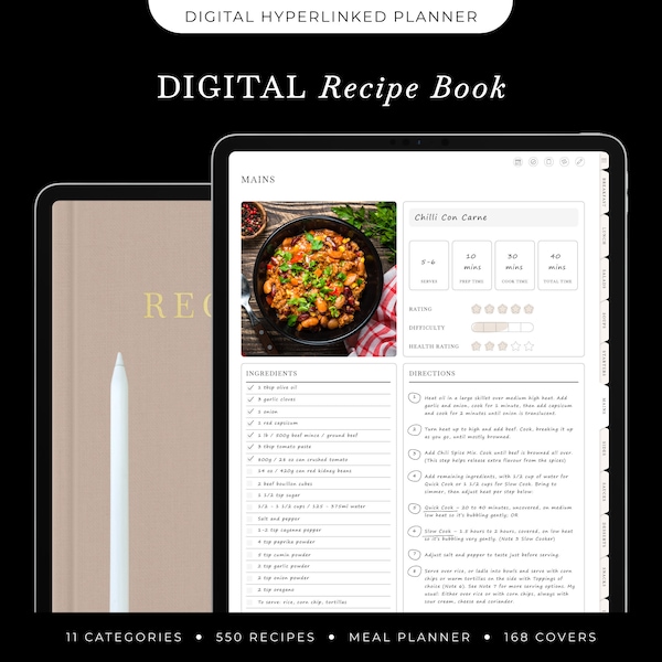 Digital Hyperlinked Recipe Book, iPad Food Journal with Recipe Template, Blank Recipe Book for GoodNotes, Digital Cookbook Recipe Planner