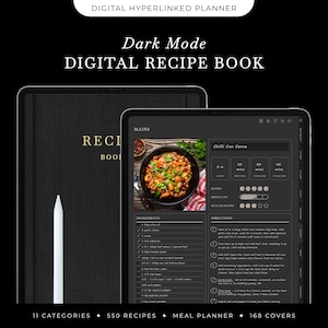 Dark Mode Digital Recipe Book, iPad Food Journal with Recipe Template, Blank Recipe Book for GoodNotes, Digital Cookbook Recipe Planner