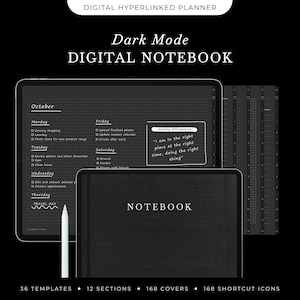 Dark Mode Digital Notebook, Landscape Notebook with 12 Tabs, Hyperlinked Digital Note Taking Template, GoodNotes & Notability Notebook