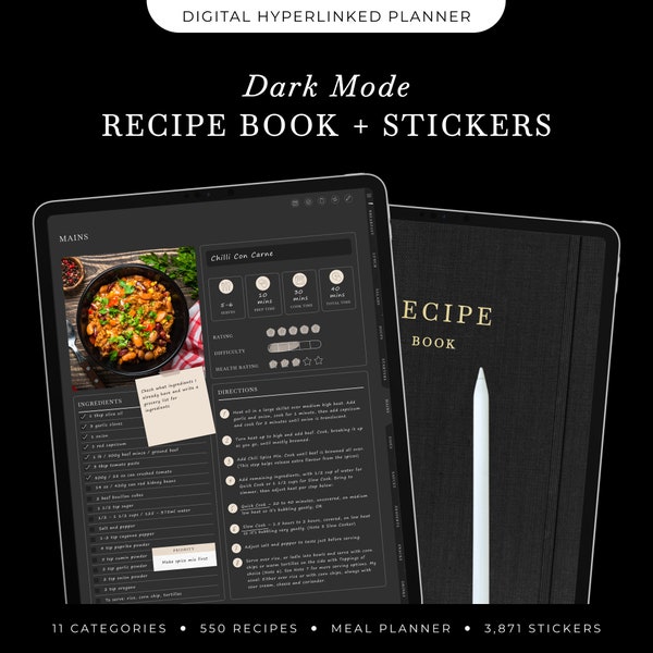 Dark Mode Digital Recipe Book with Digital Stickers, iPad Recipe Template, Blank Recipe Book for GoodNotes, Digital Cookbook Recipe Planner