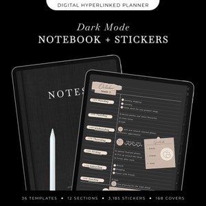 Dark Mode Digital Notebook, Hyperlinked Notebook with 12 Tabs, GoodNotes Notebook, Notability Note Taking Template, Digital Stickers
