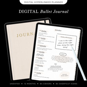 May include: A digital bullet journal app on a tablet screen. The app has a weekly planner with a weekly affirmation, "I am in the right place at the right time, doing the right thing." The app also has a daily planner with a list of tasks for the day. The app is designed to help users stay organized and on track with their goals.