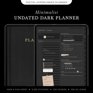 Undated Dark Mode Digital Planner, Daily Planner, Weekly Planner, Monthly Planner, Minimalist Hyperlinked GoodNotes Portrait iPad Planner