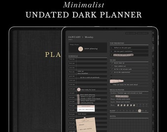Undated Dark Mode Digital Planner, Daily Planner, Weekly Planner, Monthly Planner, Minimalist Hyperlinked GoodNotes Portrait iPad Planner