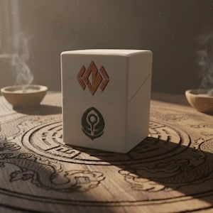 May include: A white, two-part box with orange and green geometric designs, resting on a carved wooden table. Two small wooden bowls with rising steam flank the box. The table has an intricate dragon design.
