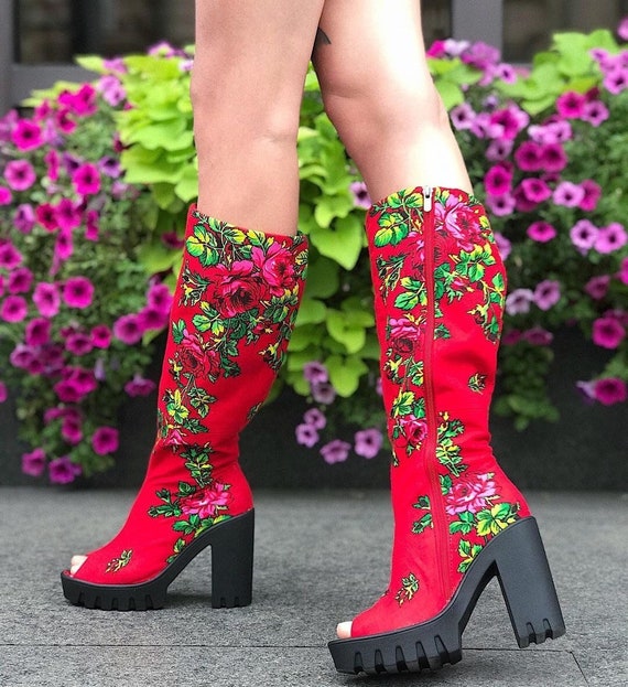 Women Peep Toe High Block Heels Summer Boots Big Calves Blue - Etsy