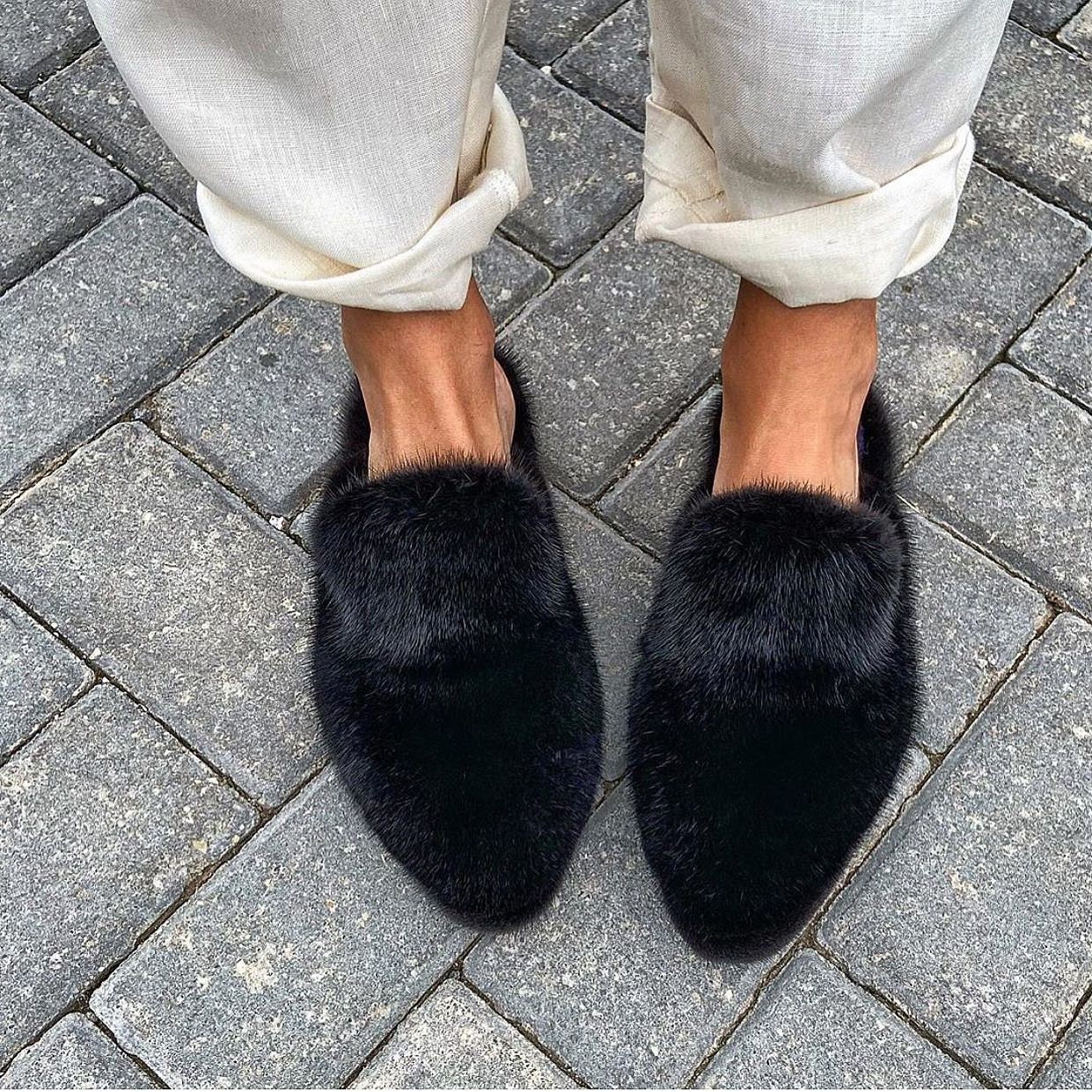 Women Pointed Toe Real Mink Fur Mules Sheepskin Slippers Shoes 