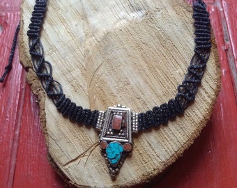 Handmade Macrame Necklace with Turquoise and Red Coral Pendant