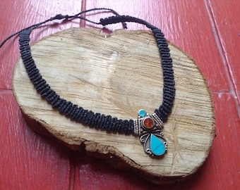 Handmade Macrame Necklace with Turquoise and Red Coral Pendant