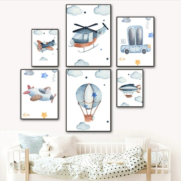 Affiches dans les airs -  Poster Chambre Bébé Garcon Fille Enfant - Décoration Intérieur Maison - Décoration Murale - Avion Hélico