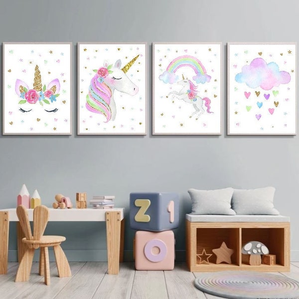 Einhorn Poster - Poster Room Baby Garcon Mädchen Kind - Home Interior Design - Herz, Wolke, Regenbogen