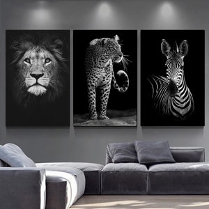 Póster de león, jaguar y cebra - Poster Sala de estar - Diseño de interiores moderno Arte de la casa - Animal Savannah Safari