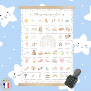 Poster "Le mie prime volte" da timbrare - Regalo per la nascita di un neonato - Decorazione della camera (SCATOLA poster + cornice bacchetta + timbro)