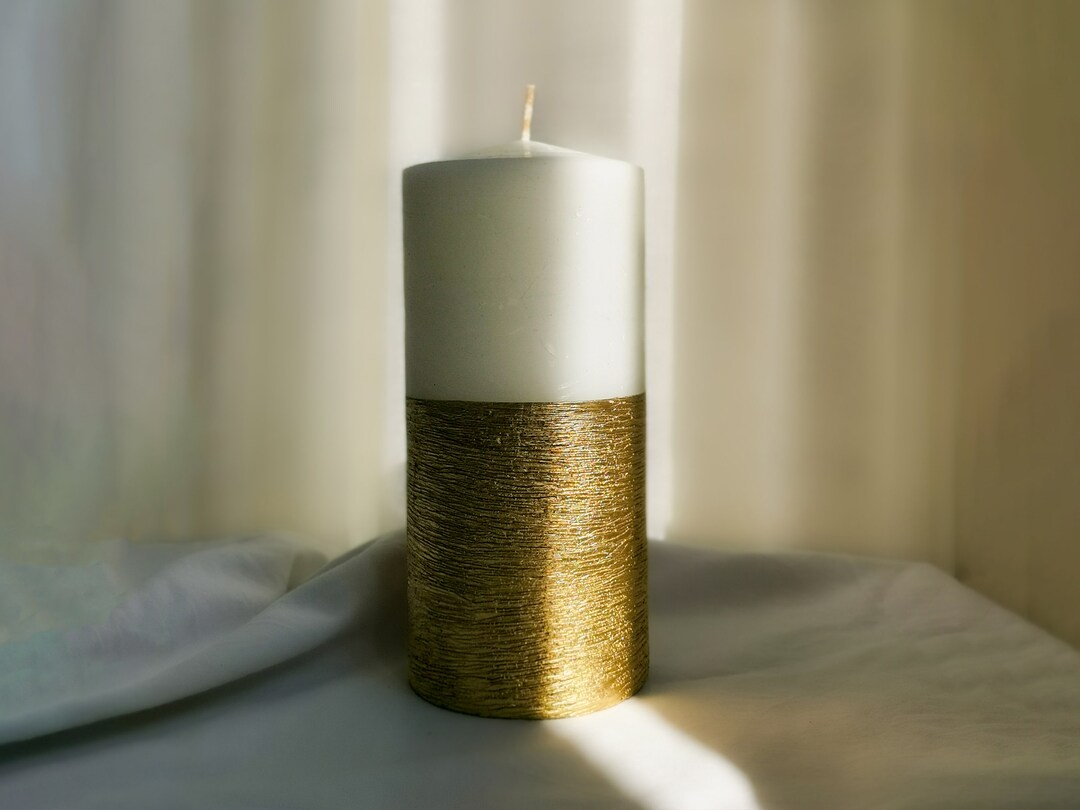 Rustic Ivory Metallic Gold Pillar Candle Wedding Unscented Candle