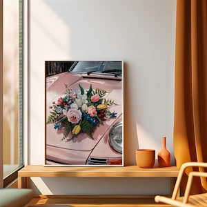Porsche Wall Art | Automotive Poster | Retro Car Poster | Porsche Carrera | Pink Porsche | Flower and Printable Wall Art | Digital Download