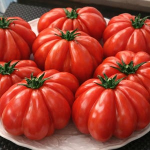 Könnte beinhalten: Eine Ansammlung reifer, roter Erbstücktomaten mit tief gerippten Seiten und grünen Stielen, angeordnet auf einem weißen Teller. Die Tomaten haben eine leuchtende Farbe und ein einzigartiges, strukturiertes Aussehen, was auf eine frische Ernte hindeutet.