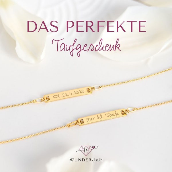 Personalisiertes Taufarmband mit Gravur für Baby und Kinder. Geschenk zur Geburt in Silber, Roségold oder Gold für Mädchen und Jungen.