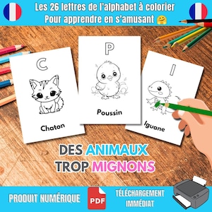 Coloriage Enfant Lettres Alphabet Animaux Français à imprimer, ABC Montessori activité éducative maternelle cp apprendre à lire et écrire