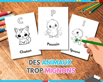 Coloring Child Letters Alphabet Animals French to print, ABC Montessori educational activity kindergarten cp learn to read and write