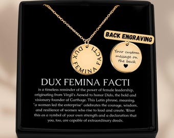 Dux Femina Facti Necklace: Personalized Feminist Jewelry, 18k Gold Plated Necklace