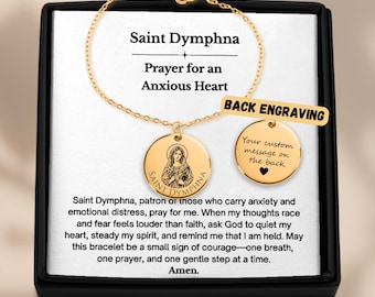 Pulsera de Santa Dymphna chapada en oro de 18k, joyería de la santa patrona católica, regalo para aliviar la ansiedad, pulsera personalizada grabada para ella.