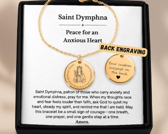 Pulsera de Santa Dymphna chapada en oro de 18k, joyería católica para la oración contra la ansiedad, regalo de la santa patrona, pulsera personalizada grabada para ella.