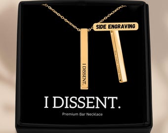 I Dissent Bar Necklace: Personalized Feminist Gift, Engraved 18K Gold Plated Necklace