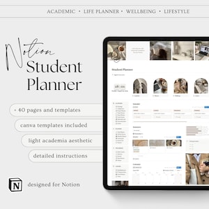 Puede incluir: Un planificador de estudiantes de Notion digital que se muestra en una tableta. El planificador incluye 40 páginas y plantillas, plantillas de Canva e instrucciones detalladas. El diseño tiene una estética académica ligera. El texto en la parte superior dice: Académico, Planificador de vida, Bienestar, Estilo de vida.