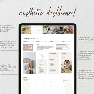 K&ouml;nnte beinhalten: Ein digitaler Planer mit hellbraunem Hintergrund und einem wei&szlig;en Kalenderrraster. Der Planer enth&auml;lt eine digitale Uhr, eine Lebensleiste und einen Notizbereich. Der Text "2025 Glow Up Planner" befindet sich oben auf der Seite.