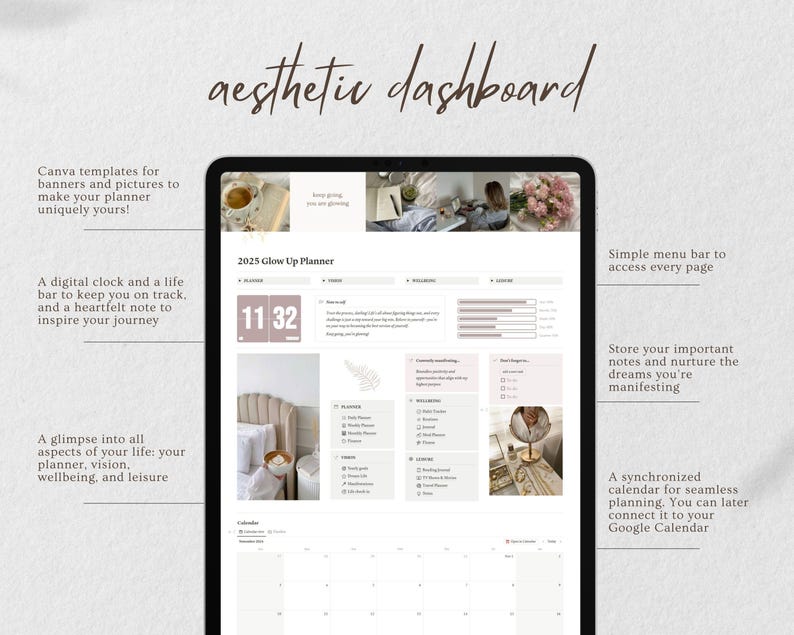 K&ouml;nnte beinhalten: Ein digitaler Planer mit hellbraunem Hintergrund und einem wei&szlig;en Kalenderrraster. Der Planer enth&auml;lt eine digitale Uhr, eine Lebensleiste und einen Notizbereich. Der Text "2025 Glow Up Planner" befindet sich oben auf der Seite.