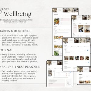 May include: Digital wellness planner with the text "your Wellbeing". Includes habit tracker, routines, journal, meal planner, and fitness planner. The planner features a clean, minimalist design with various sections for tracking goals and progress.