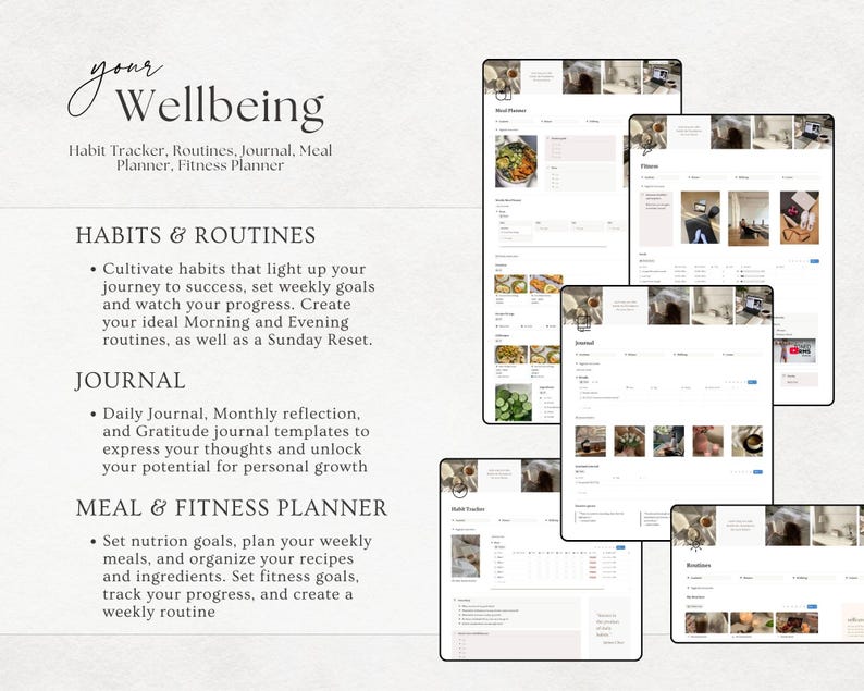 May include: Digital wellness planner with the text "your Wellbeing". Includes habit tracker, routines, journal, meal planner, and fitness planner. The planner features a clean, minimalist design with various sections for tracking goals and progress.