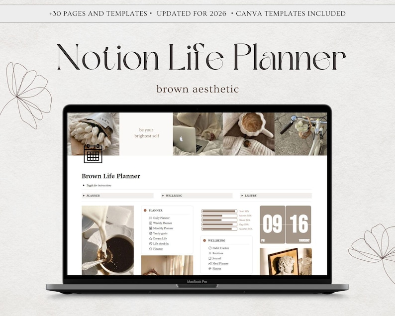 2026 Notion Life Planner, Notion Template, All in one Notion Planner, Notion Dashboard, Personal Planner ADHD Planner Brown Aesthetic image 1