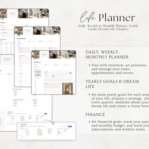 May include: A digital life planner with a clean, minimalist design. The planner includes sections for daily, weekly, and monthly planning, yearly goals, dream life, and finance. The text on the image reads "Life Planner".