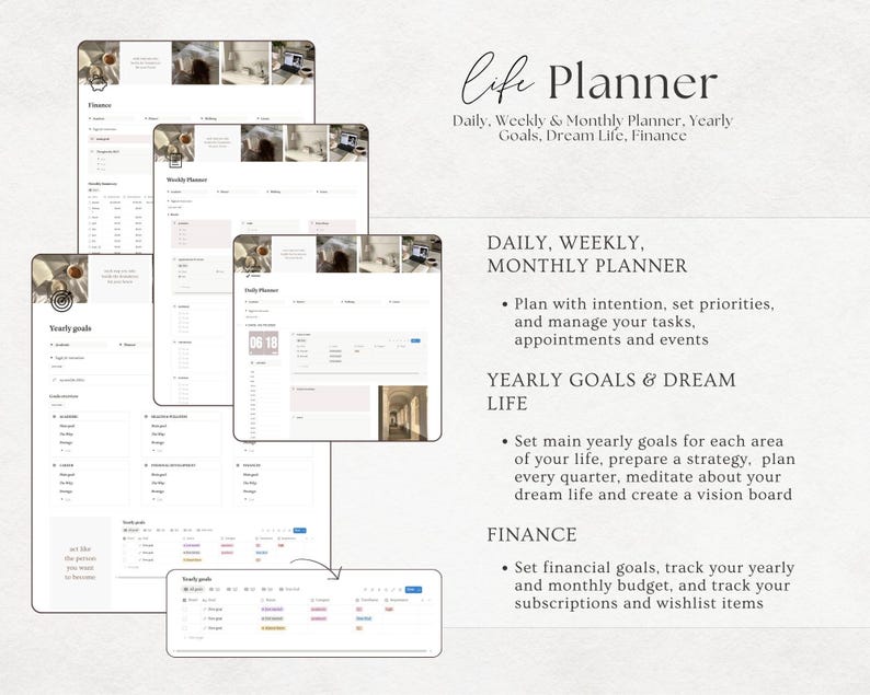 May include: A digital life planner with a clean, minimalist design. The planner includes sections for daily, weekly, and monthly planning, yearly goals, dream life, and finance. The text on the image reads "Life Planner".