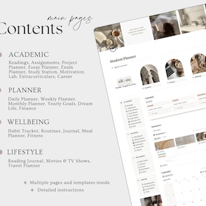 May include: A digital student planner interface with a clean, minimalist design. The screen displays various sections, including academic, planner, wellbeing, and lifestyle categories. The text "Contents" and "main pages" are visible, along with detailed instructions.