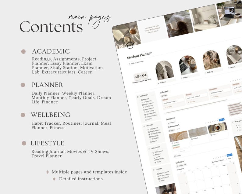 May include: A digital student planner interface with a clean, minimalist design. The screen displays various sections, including academic, planner, wellbeing, and lifestyle categories. The text "Contents" and "main pages" are visible, along with detailed instructions.