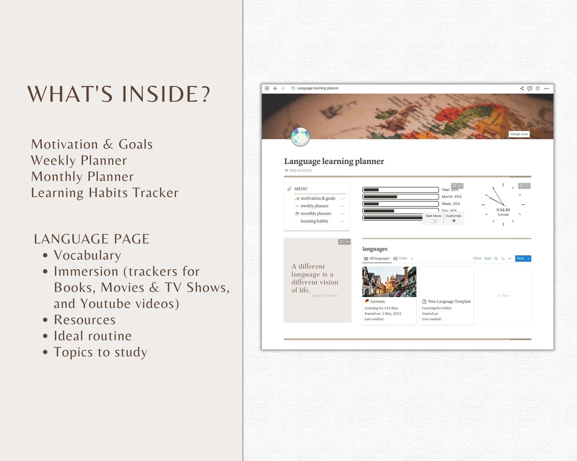 Language Learning Planner, Notion Template, Language Notion Planner ...