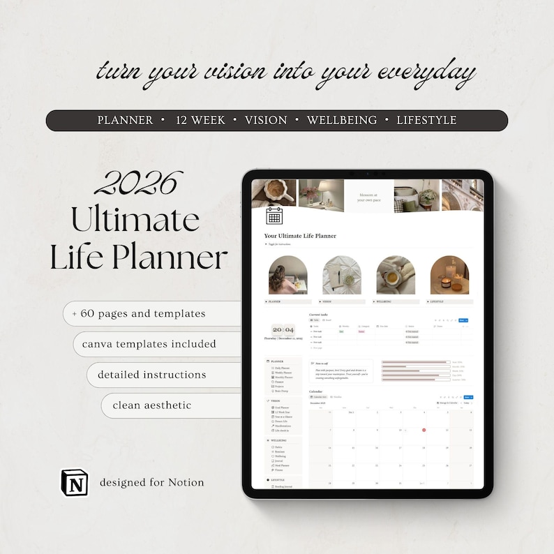 2026 Ultimate Notion Life Planner All In One Notion Template Aesthetic Dashboard That Girl Glow Up Planner ADHD image 1