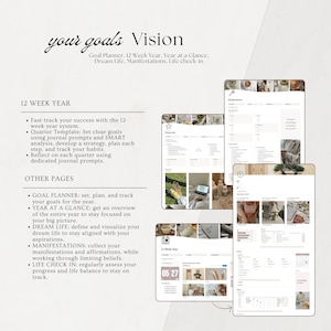 May include: Digital goal planner with the text "your goals Vision". The planner includes sections for a 12-week year, goal setting, and dream life visualization. It features a clean, minimalist design with a neutral colour palette.