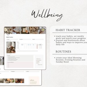 May include: A digital printable planner with a light brown background and the text "Wellbeing" in a large, bold font. The planner includes sections for habit tracking, morning routine, evening routine, and Sunday reset.