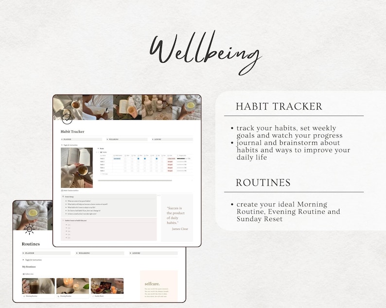 May include: A digital printable planner with a light brown background and the text "Wellbeing" in a large, bold font. The planner includes sections for habit tracking, morning routine, evening routine, and Sunday reset.