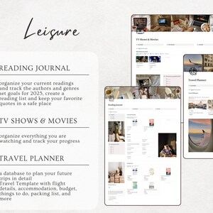 May include: A digital planner with three sections: Reading Journal, TV Shows & Movies, and Travel Planner. Each section has a list of features and a collage of images related to the topic.