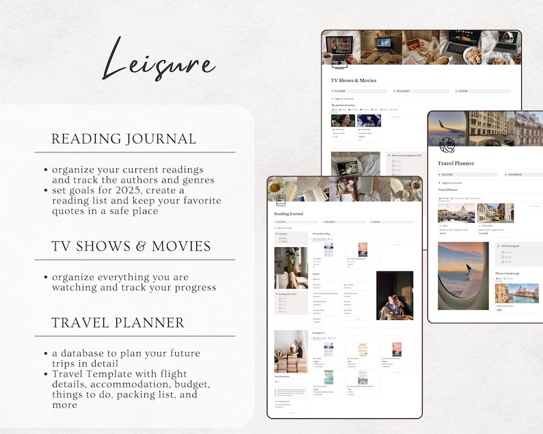 May include: A digital planner with three sections: Reading Journal, TV Shows & Movies, and Travel Planner. Each section has a list of features and a collage of images related to the topic.