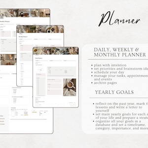 May include: A planner with a beige background and brown text. The planner includes sections for daily, weekly, and monthly planning, as well as yearly goals. The text on the page reads "Planner", "Daily, Weekly & Monthly Planner", "Plan with intention", "Set priorities and brainstorm ideas", "Schedule your day", "Manage your tasks, appointments and events", "Archive pages", "Yearly Goals", "Reflect on the past year, mark the lessons and write a letter to yourself", "Set main yearly goals for each area of your life and prepare a strategy", "Organize all your goals in a database and set a timeframe, category, importance, and more".