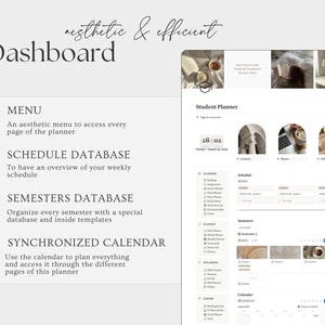 May include: A digital dashboard with the text "aesthetic & efficient" and "Dashboard." The dashboard includes a menu, schedule database, semesters database, and synchronized calendar. A student planner interface is also visible, with a clock showing 18:01.